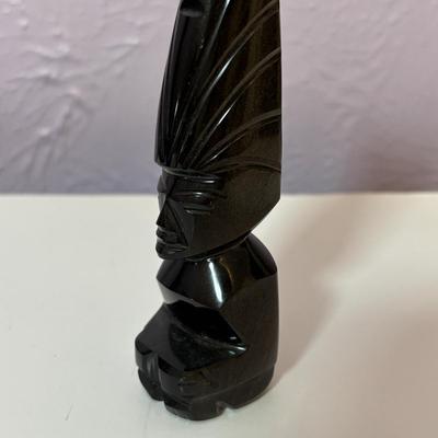 LOT 90: Vintage Carved Wooden Tribal Statue w/Metal Accents, Hand Made in Kenya Wall Art/Trivet along with 2 Black Onyx Statues
