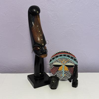 LOT 90: Vintage Carved Wooden Tribal Statue w/Metal Accents, Hand Made in Kenya Wall Art/Trivet along with 2 Black Onyx Statues
