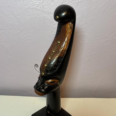 LOT 90: Vintage Carved Wooden Tribal Statue w/Metal Accents, Hand Made in Kenya Wall Art/Trivet along with 2 Black Onyx Statues