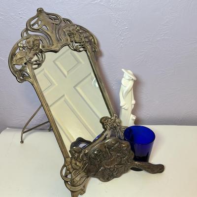LOT 92: Art Nouveau Standing Mirror, Art Nouveau Handheld Mirror & More