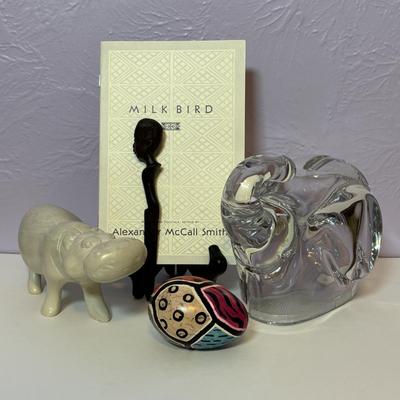 LOT 93: Lead Crystal Lucky Elephant Coin Bank, Hand Crafted Stone Hippopotamus & More