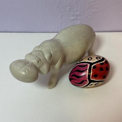 LOT 93: Lead Crystal Lucky Elephant Coin Bank, Hand Crafted Stone Hippopotamus & More