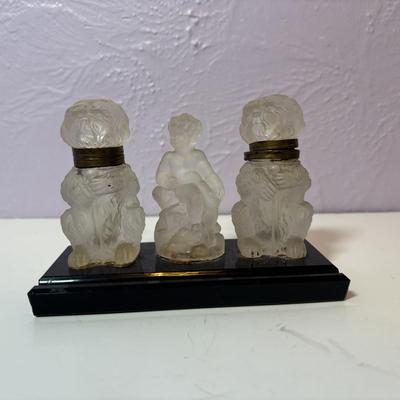 LOT 96: Vintage Cobalt Blue Cut to Clear Glass, Lead Crystal Heart, Frosted Dog Inkwells w/Cherub Mounted on Glass Base, Painted Frosted...
