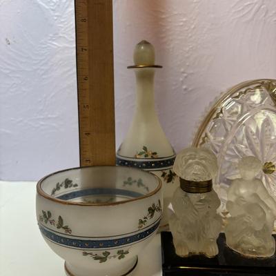 LOT 96: Vintage Cobalt Blue Cut to Clear Glass, Lead Crystal Heart, Frosted Dog Inkwells w/Cherub Mounted on Glass Base, Painted Frosted...