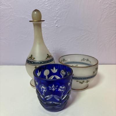 LOT 96: Vintage Cobalt Blue Cut to Clear Glass, Lead Crystal Heart, Frosted Dog Inkwells w/Cherub Mounted on Glass Base, Painted Frosted...