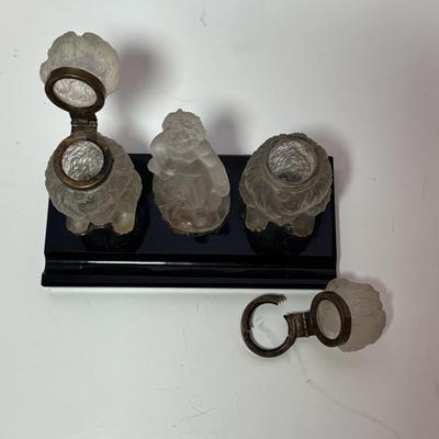 LOT 96: Vintage Cobalt Blue Cut to Clear Glass, Lead Crystal Heart, Frosted Dog Inkwells w/Cherub Mounted on Glass Base, Painted Frosted...