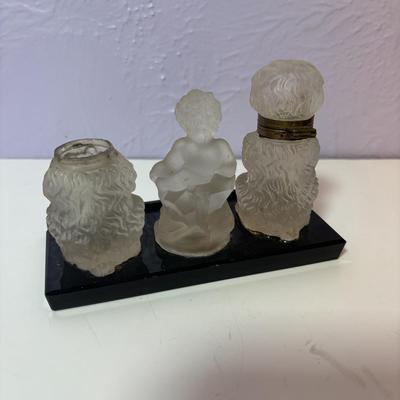 LOT 96: Vintage Cobalt Blue Cut to Clear Glass, Lead Crystal Heart, Frosted Dog Inkwells w/Cherub Mounted on Glass Base, Painted Frosted...