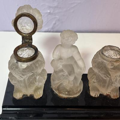 LOT 96: Vintage Cobalt Blue Cut to Clear Glass, Lead Crystal Heart, Frosted Dog Inkwells w/Cherub Mounted on Glass Base, Painted Frosted...