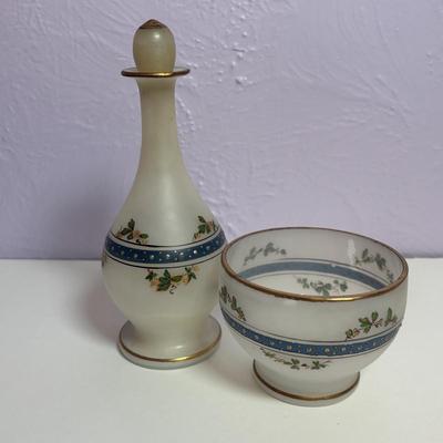 LOT 96: Vintage Cobalt Blue Cut to Clear Glass, Lead Crystal Heart, Frosted Dog Inkwells w/Cherub Mounted on Glass Base, Painted Frosted...