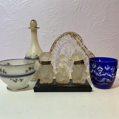 LOT 96: Vintage Cobalt Blue Cut to Clear Glass, Lead Crystal Heart, Frosted Dog Inkwells w/Cherub Mounted on Glass Base, Painted Frosted...