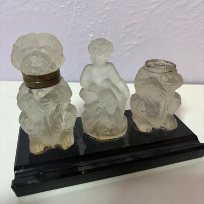 LOT 96: Vintage Cobalt Blue Cut to Clear Glass, Lead Crystal Heart, Frosted Dog Inkwells w/Cherub Mounted on Glass Base, Painted Frosted...