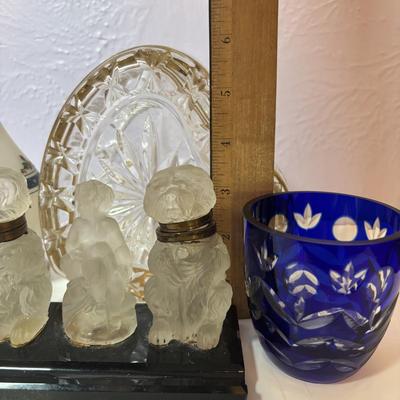 LOT 96: Vintage Cobalt Blue Cut to Clear Glass, Lead Crystal Heart, Frosted Dog Inkwells w/Cherub Mounted on Glass Base, Painted Frosted...