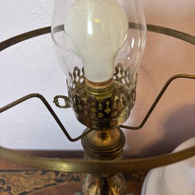 LOT 98: Brass Table Lamp w/Blue Floral Shade and Marble Accent Base