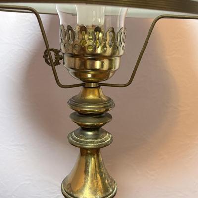 LOT 98: Brass Table Lamp w/Blue Floral Shade and Marble Accent Base