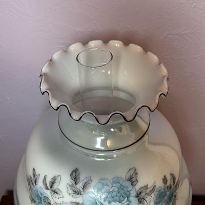 LOT 98: Brass Table Lamp w/Blue Floral Shade and Marble Accent Base