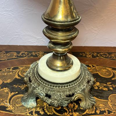 LOT 98: Brass Table Lamp w/Blue Floral Shade and Marble Accent Base