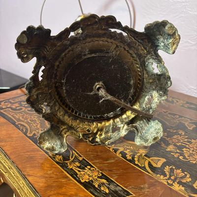 LOT 98: Brass Table Lamp w/Blue Floral Shade and Marble Accent Base