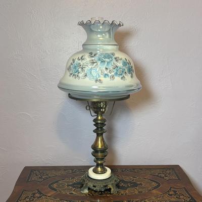 LOT 98: Brass Table Lamp w/Blue Floral Shade and Marble Accent Base