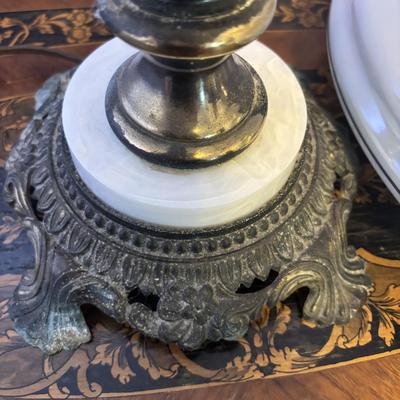 LOT 98: Brass Table Lamp w/Blue Floral Shade and Marble Accent Base