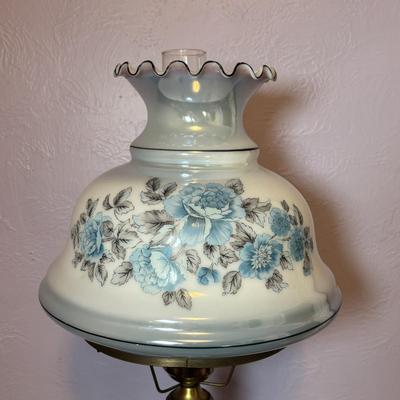 LOT 98: Brass Table Lamp w/Blue Floral Shade and Marble Accent Base
