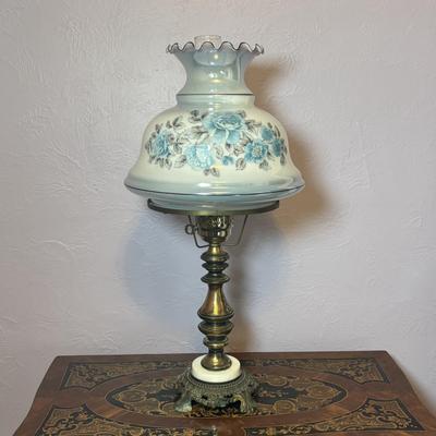 LOT 98: Brass Table Lamp w/Blue Floral Shade and Marble Accent Base
