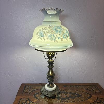 LOT 98: Brass Table Lamp w/Blue Floral Shade and Marble Accent Base