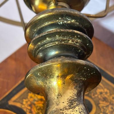 LOT 98: Brass Table Lamp w/Blue Floral Shade and Marble Accent Base
