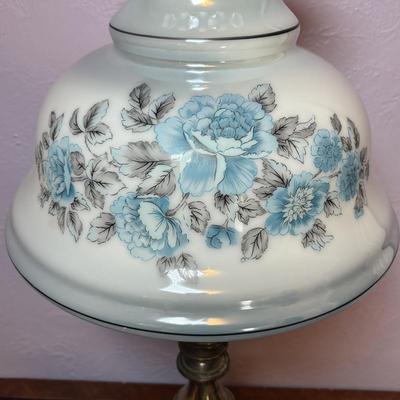 LOT 98: Brass Table Lamp w/Blue Floral Shade and Marble Accent Base
