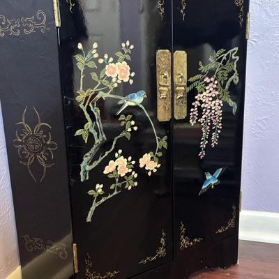 LOT 102: Black Lacquer Corner Cabinet w/Painted Goldfish, Flowers & Birds