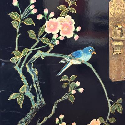 LOT 102: Black Lacquer Corner Cabinet w/Painted Goldfish, Flowers & Birds