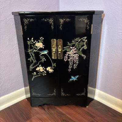 LOT 102: Black Lacquer Corner Cabinet w/Painted Goldfish, Flowers & Birds