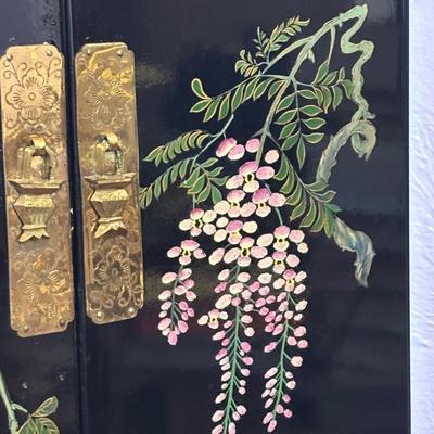 LOT 102: Black Lacquer Corner Cabinet w/Painted Goldfish, Flowers & Birds