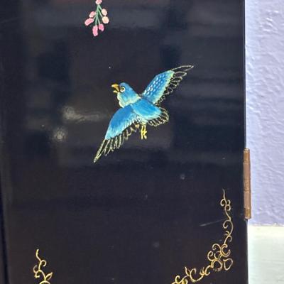 LOT 102: Black Lacquer Corner Cabinet w/Painted Goldfish, Flowers & Birds