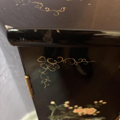 LOT 102: Black Lacquer Corner Cabinet w/Painted Goldfish, Flowers & Birds