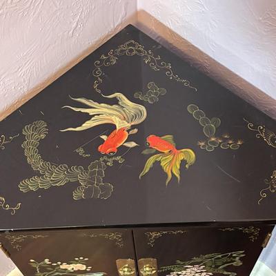 LOT 102: Black Lacquer Corner Cabinet w/Painted Goldfish, Flowers & Birds