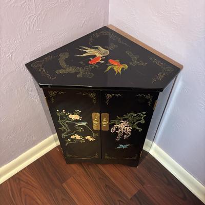 LOT 102: Black Lacquer Corner Cabinet w/Painted Goldfish, Flowers & Birds
