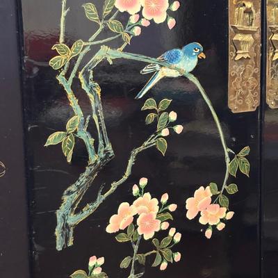 LOT 102: Black Lacquer Corner Cabinet w/Painted Goldfish, Flowers & Birds