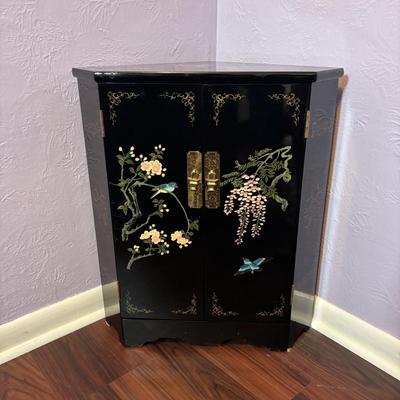 LOT 102: Black Lacquer Corner Cabinet w/Painted Goldfish, Flowers & Birds