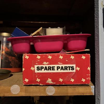 LOT 105: Garage Spare Parts & More Cabinet Cleanout (Cans on top shelf are empty)