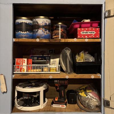 LOT 105: Garage Spare Parts & More Cabinet Cleanout (Cans on top shelf are empty)