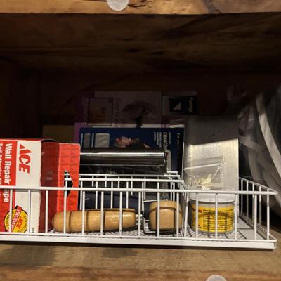 LOT 105: Garage Spare Parts & More Cabinet Cleanout (Cans on top shelf are empty)