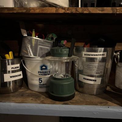 LOT 107: Garage Tools & More Cabinet Cleanout