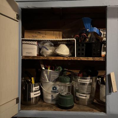 LOT 107: Garage Tools & More Cabinet Cleanout
