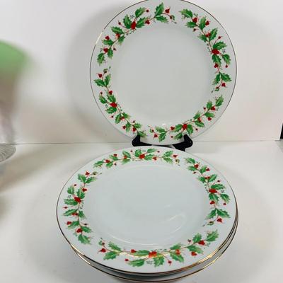 LOT 110: For a Festive Holiday Table, Lenox 10” Serving Bowl and Platter, Red and Green Noel Crystal Flutes, Holiday Plates, Tumblers,...