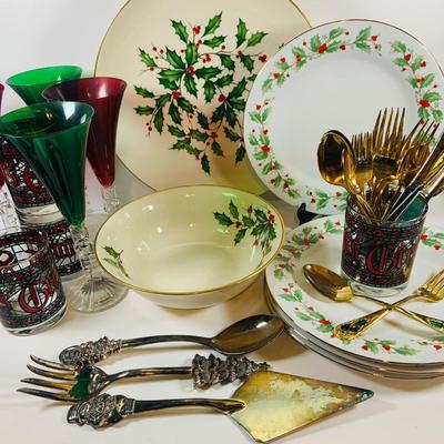 LOT 110: For a Festive Holiday Table, Lenox 10” Serving Bowl and Platter, Red and Green Noel Crystal Flutes, Holiday Plates, Tumblers,...