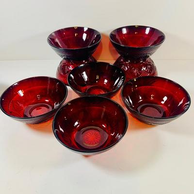 LOT 111: Cristal d’Arques Ruby Red Bowls, Red Plates, and Sugar Bowl and Creamer and More