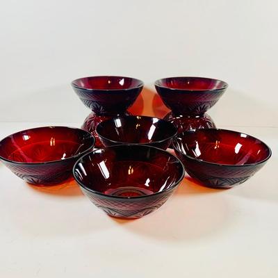 LOT 111: Cristal d’Arques Ruby Red Bowls, Red Plates, and Sugar Bowl and Creamer and More