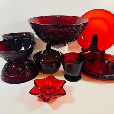 LOT 111: Cristal d’Arques Ruby Red Bowls, Red Plates, and Sugar Bowl and Creamer and More
