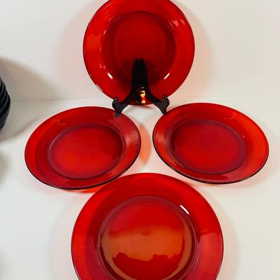 LOT 111: Cristal d’Arques Ruby Red Bowls, Red Plates, and Sugar Bowl and Creamer and More