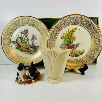 LOT 112: Set of Two (2) Lenox Bird Plates Designed by Edward Marshall Boehm, Lenox Vase and Lenox Cat Figurine